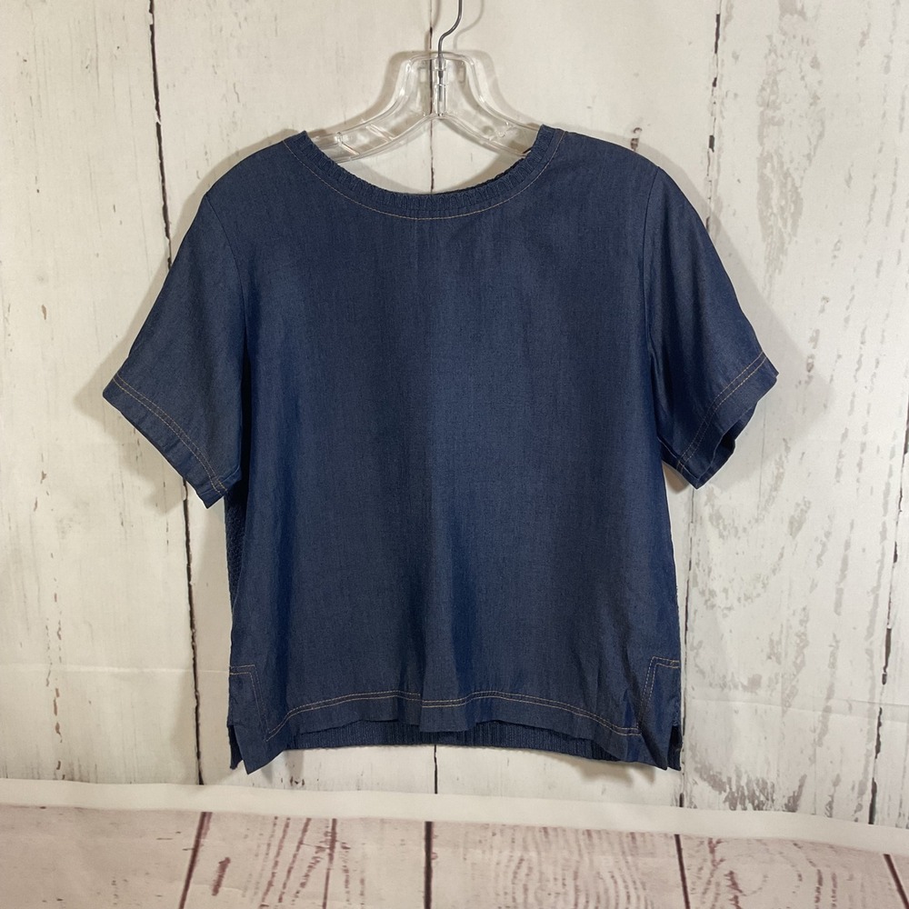 Orvis Womens Blue Tencel Mixed Media Top S Textured Back Short Sleeve Chambray